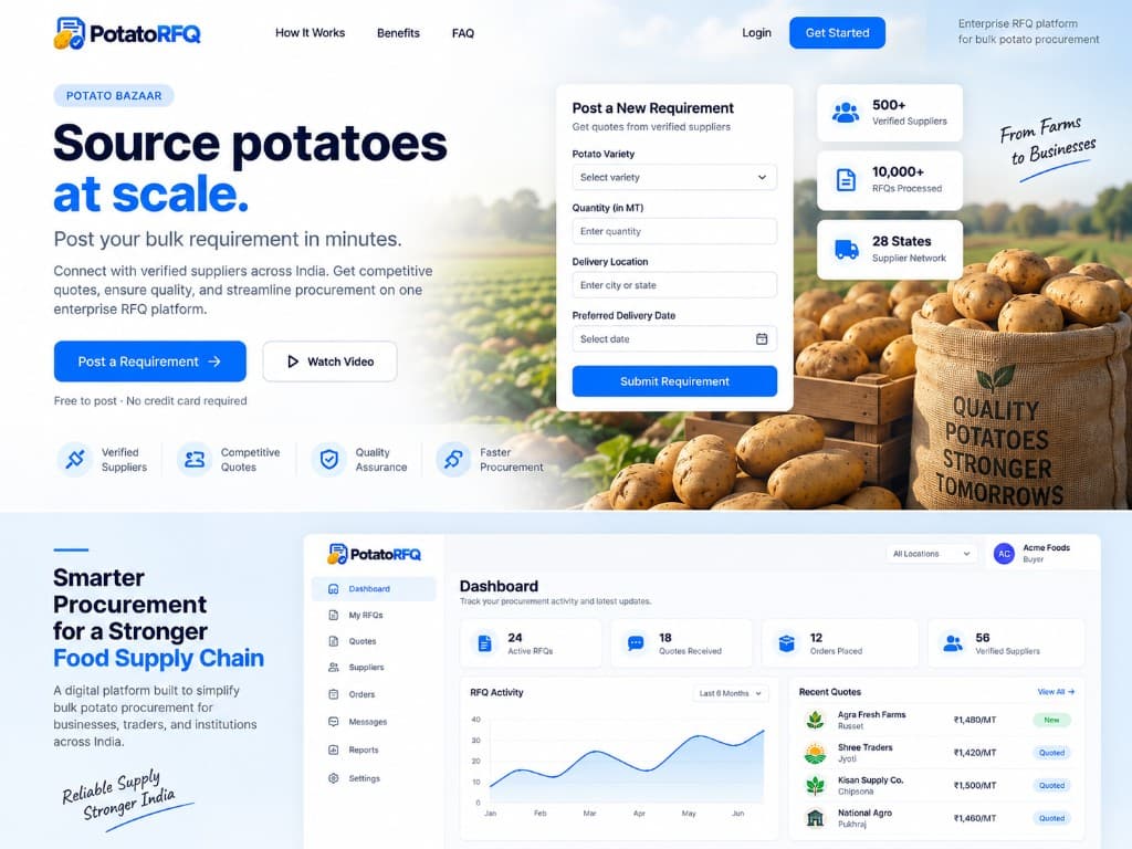Potato RFQ product — landing page with requirement form and buyer dashboard analytics