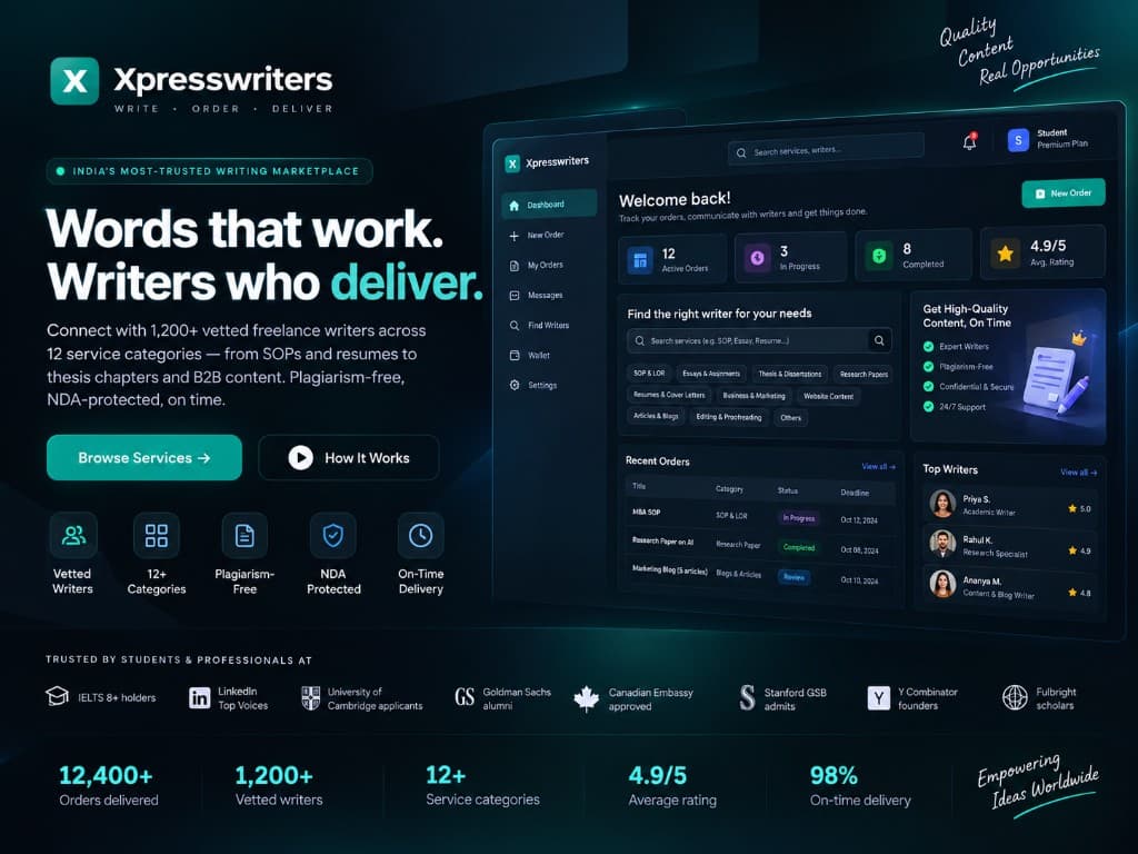 Xpress Writers product — dark marketplace landing page beside an orders dashboard